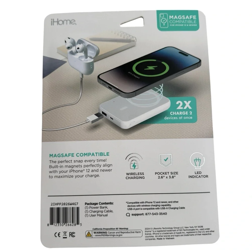 iHome Magnetic Power Bank 5000 mAh Wireless Charging on the Go